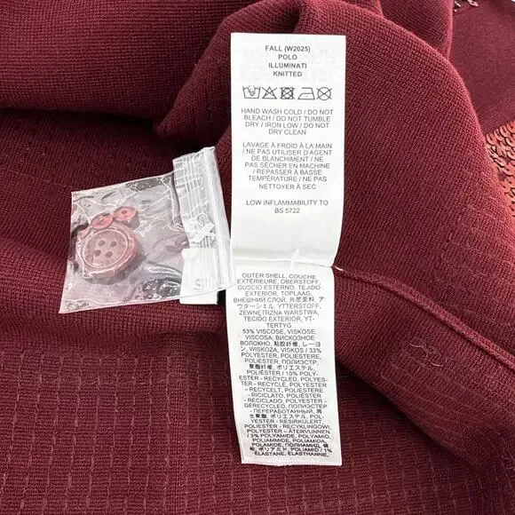 ESSENTIEL ANTWERP Illuminati Sequin Striped Polo Shirt in Wine S